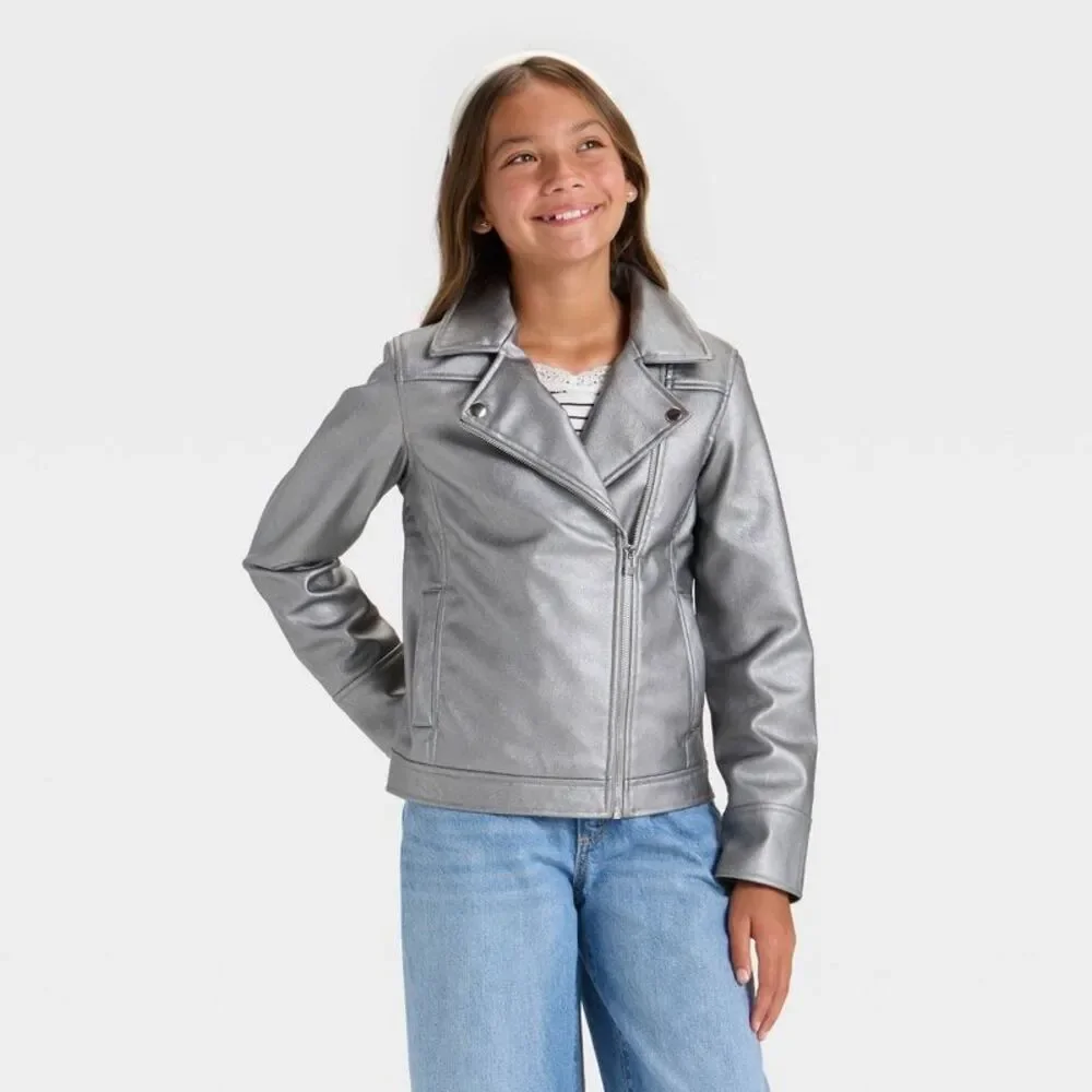 Girls' Faux Leather Moto Jacket - art class Silver XS